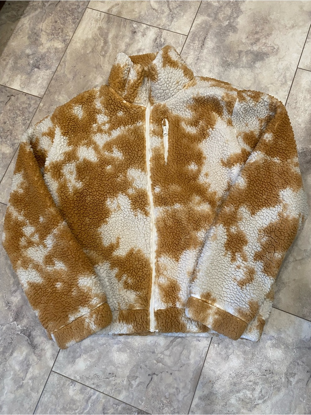 Betsey Johnson Cream and Brown Sherpa Zip Front Jacket